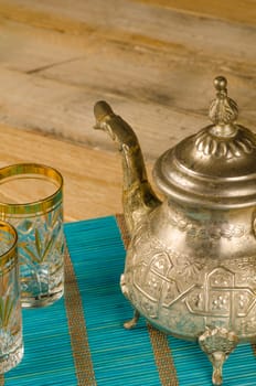 Arabic tea still life, vintage objects on wooden table