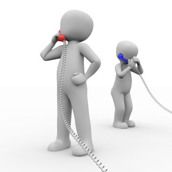 Two characters make calls with one blue and one red phone.
