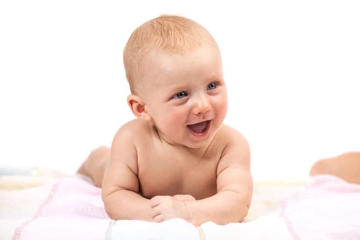 Cute smiling baby boy over white background