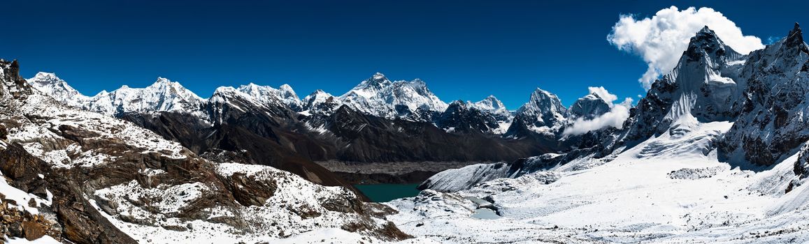 Panoramic view of Himalaya peaks: Everest, Lhotse, Nuptse and others. Trekking in Himalaya. Ultra high resolution