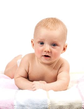 Portrait of cute baby boy over white background