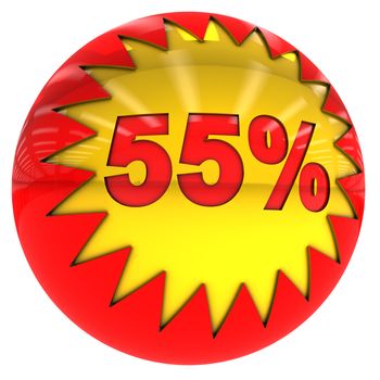 3d sphere with star and Fifty five percent rate with clipping path and isolated on white