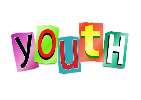 Illustration depicting a set of cut out printed letters arranged to form the word youth.