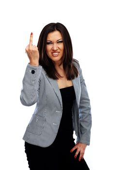 Angry businesswoman making obscene gesture