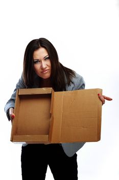 Jobless woman with empty box as a symbol of crisis
