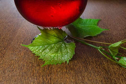 glass of wine with a vine on a table