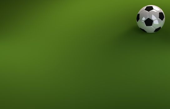 A CGI image of a soccer ball on a green background, like a football pitch, with plenty of copyspace.