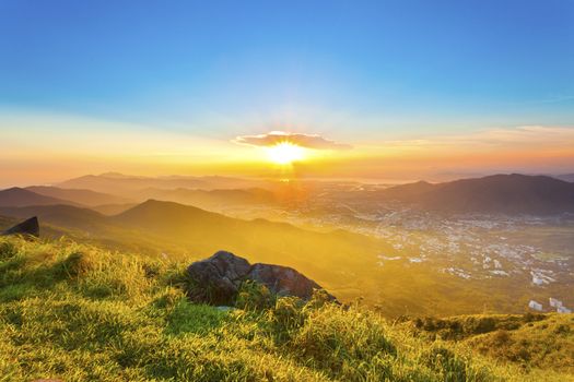 Majestic sunset in mountains, Hong Kong.