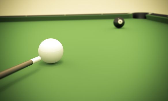 A white ball in the center of a pool table aiming at the 8 ball near the corner pocket.