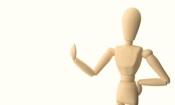 A CGI image of a wooden mannequin posing on a white background.