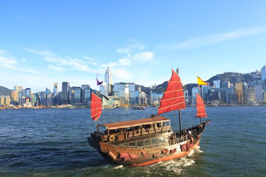 Junk boat along Victoria Harbour in Hong Kong