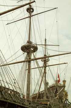 The trees and the high part of the reconstruction of an old galeon