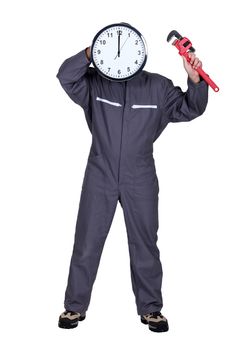 mechanic posing with a clock instead of his head