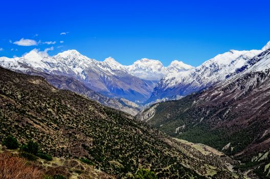 Himalayas mountain valley landscape view with white peaks