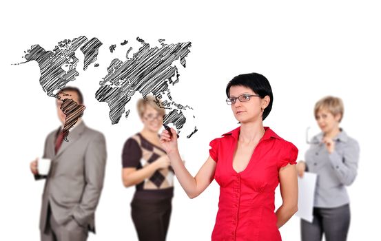 businesswoman drawing world map and businesspeople