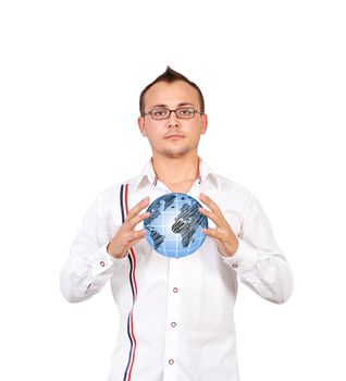 businessman holding globe in hand