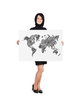 woman holding billboard with drawing map
