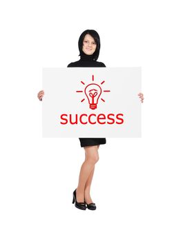 woman holding billboard with success sign