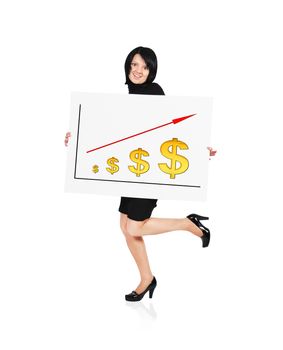 businesswoman holding billboard with  graph of the dollar