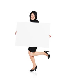 happy woman holding billboard  on white background