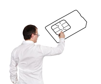 businessman drawing simcard on a white background