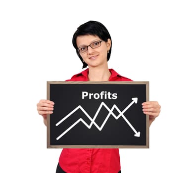 Woman holding a blackboard with graph profits