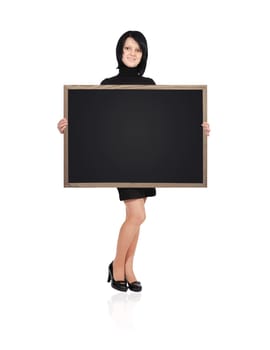 girl  holding a blackboard on a white background