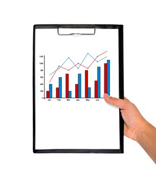 clipboard in hand with chart  on a white background