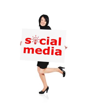 woman holding billboard with social media