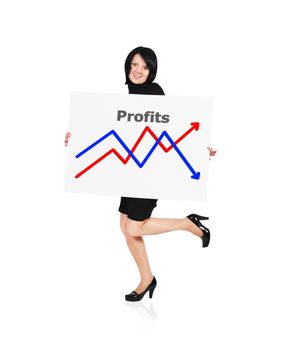 happy woman holding billboard with business growth