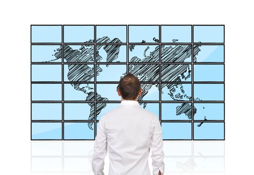 men looking at map of world on flat panels