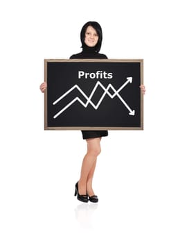 businesswoman holding a blackboard with chart profits