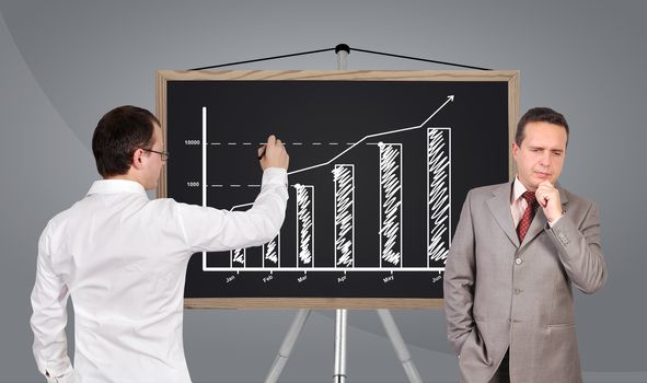 businessman and business chart on blackboard