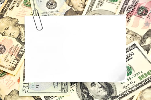 blank paper on money background