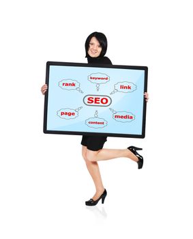 girl holding panel with seo scheme