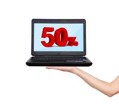 hand holding laptop with discount information