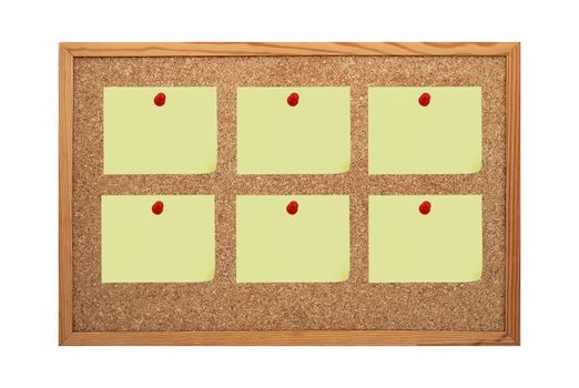 six yellow stickers clip to corkboard