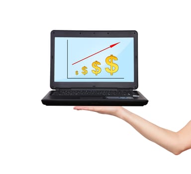 hand holding laptop with dollar chart