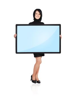 woman holding panel on white background