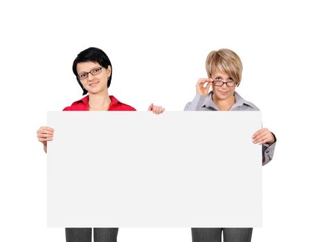 two woman holding blank billboard
