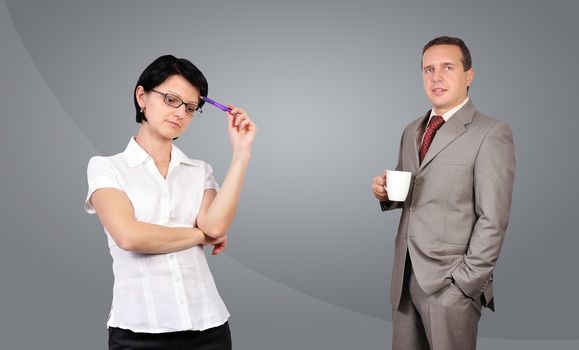 businessman with cup and thinking woman