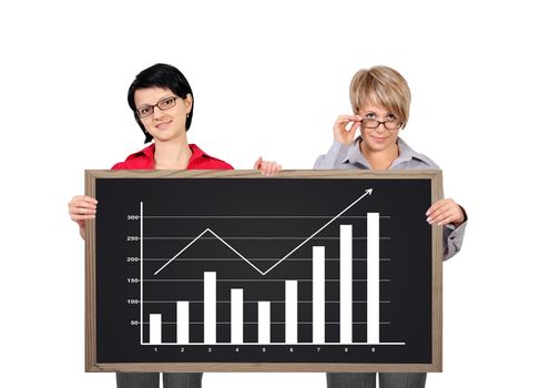 two businesswoman holding a blackboard with chart profits