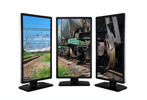 flat panels with train transports tanks on screen