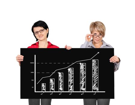 two businesswoman holding billboard with growth chart