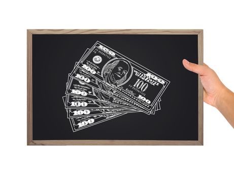 hands holding blackboard with drawing money