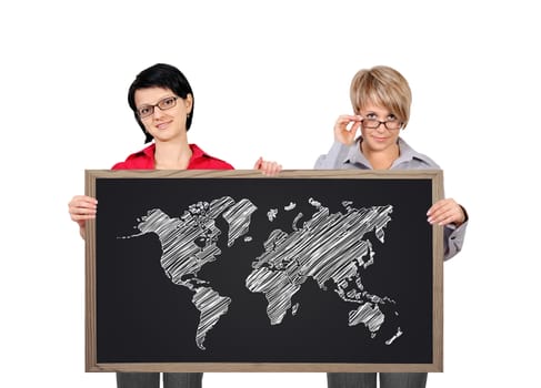 two businesswoman holding a blackboard with world map
