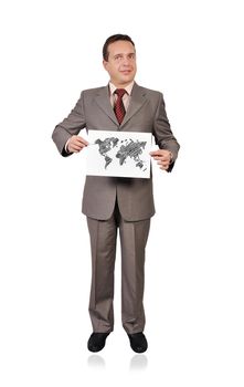 man holding paper with world map