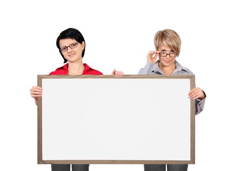 two businesswoman holding blank  blackboard