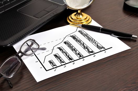 workplace with growth chart on paper