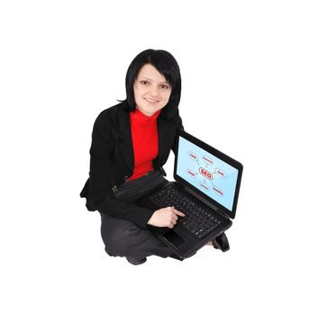 woman holding laptop with seo scheme